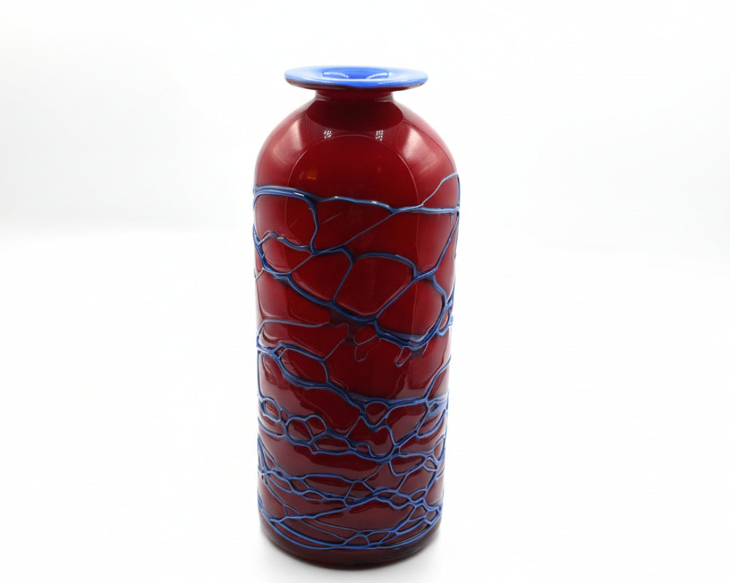 Azerbaijani Red & Cobalt Art Glass Sculpture with Bold Webwork Design