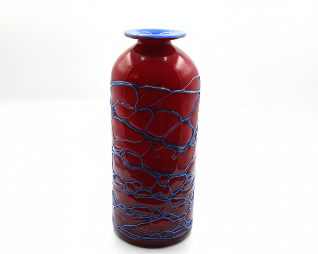 Azerbaijani Red & Cobalt Art Glass Sculpture with Bold Webwork Design