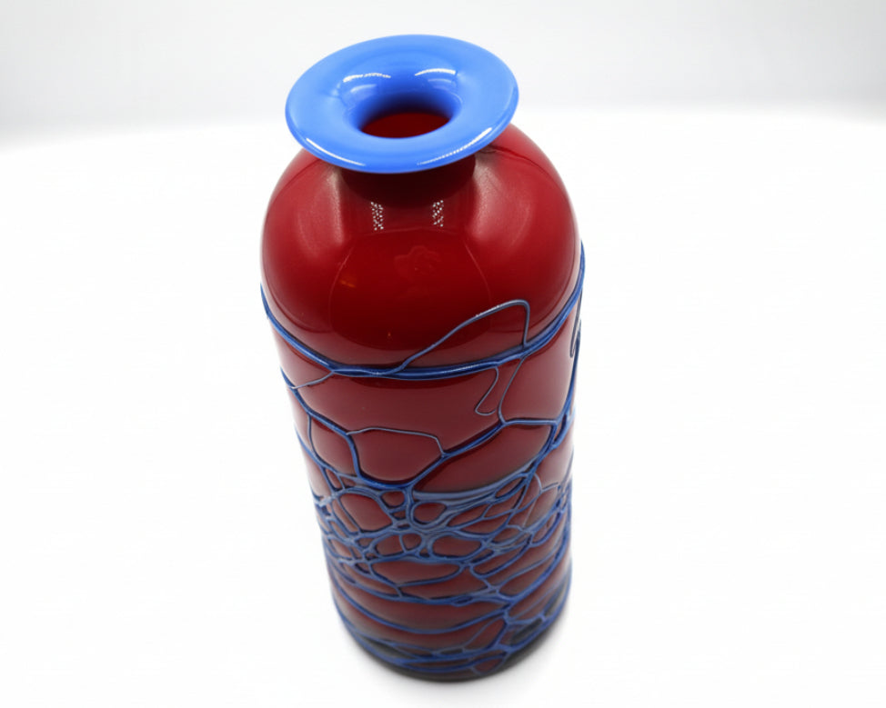 Azerbaijani Red & Cobalt Art Glass Sculpture with Bold Webwork Design