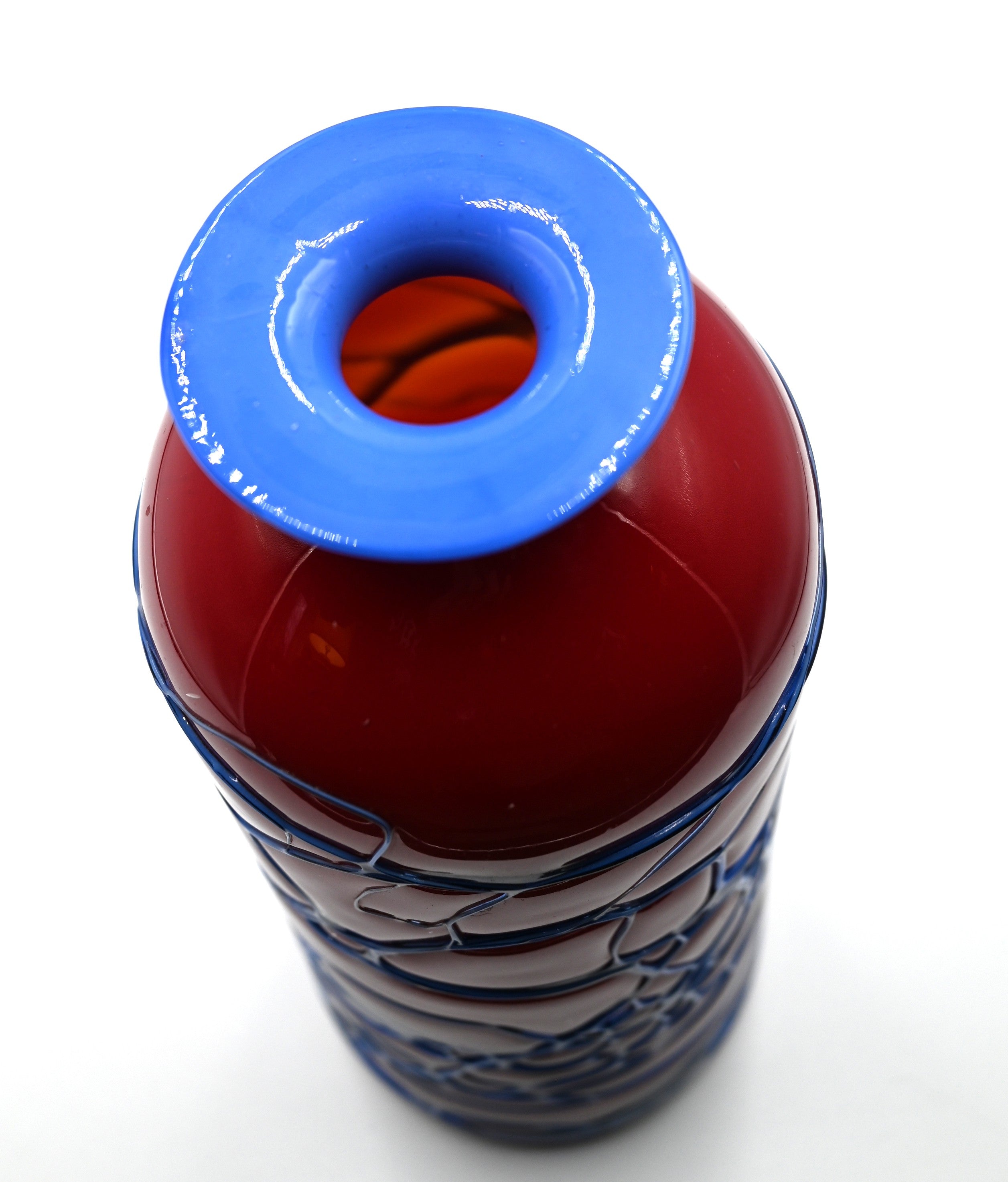 Azerbaijani Red & Cobalt Art Glass Sculpture with Bold Webwork Design