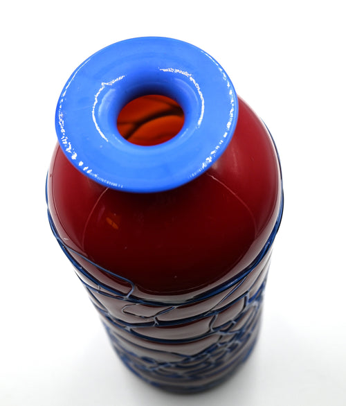Azerbaijani Red & Cobalt Art Glass Sculpture with Bold Webwork Design