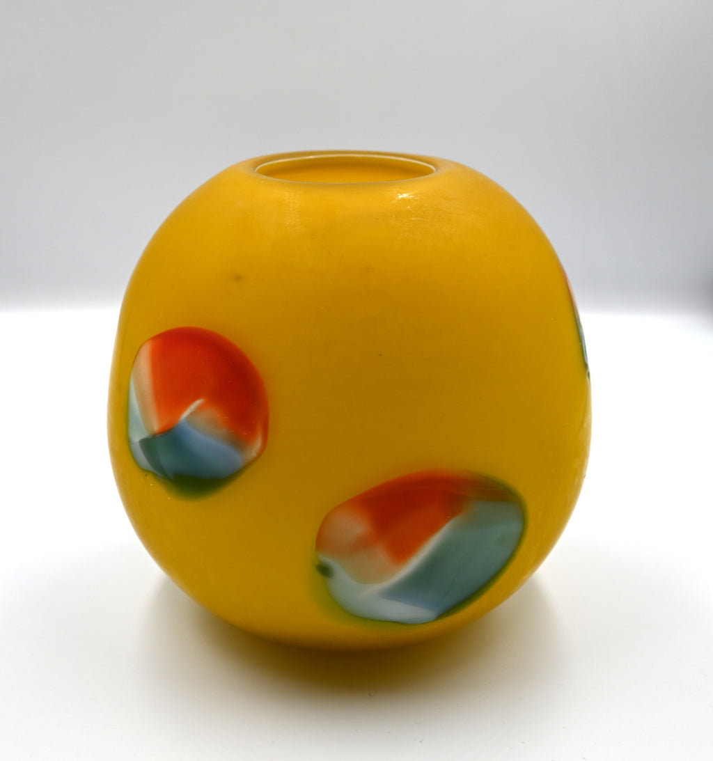 MCM Azerbaijan Handblown Yellow Globe Vase with Turquoise & Orange Detail