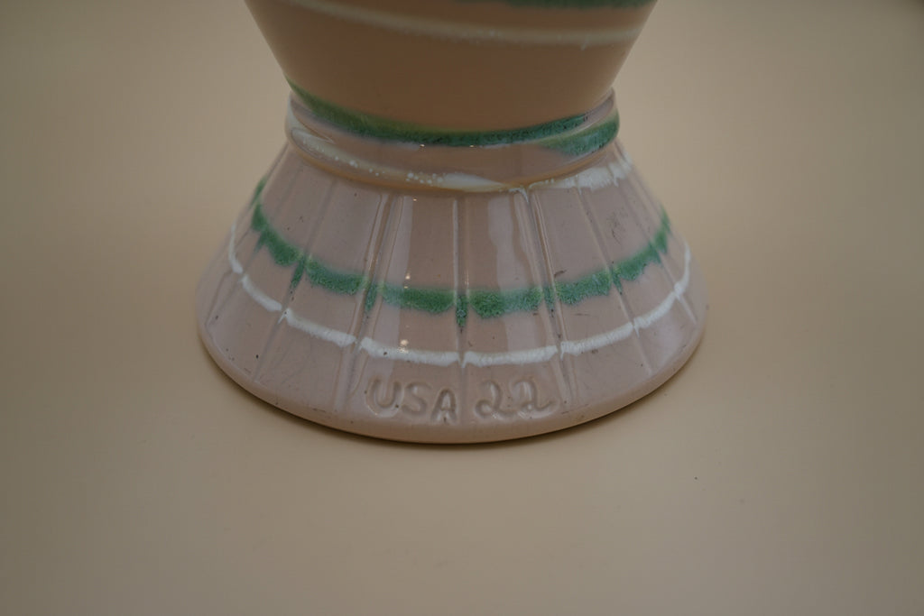 Mid Century Studio Vase Ribbed Tan Body with Green Cascade Glaze