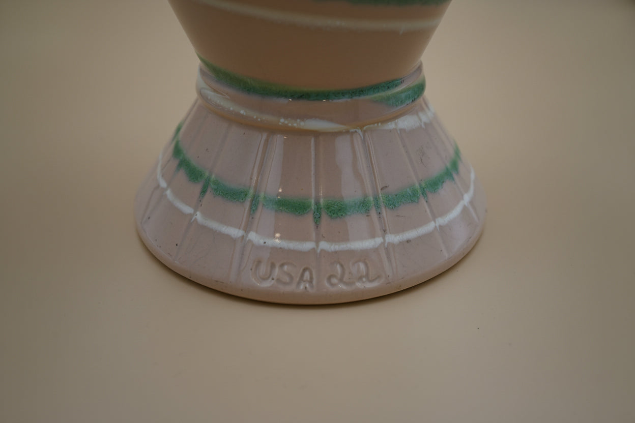 Mid Century Studio Vase Ribbed Tan Body with Green Cascade Glaze