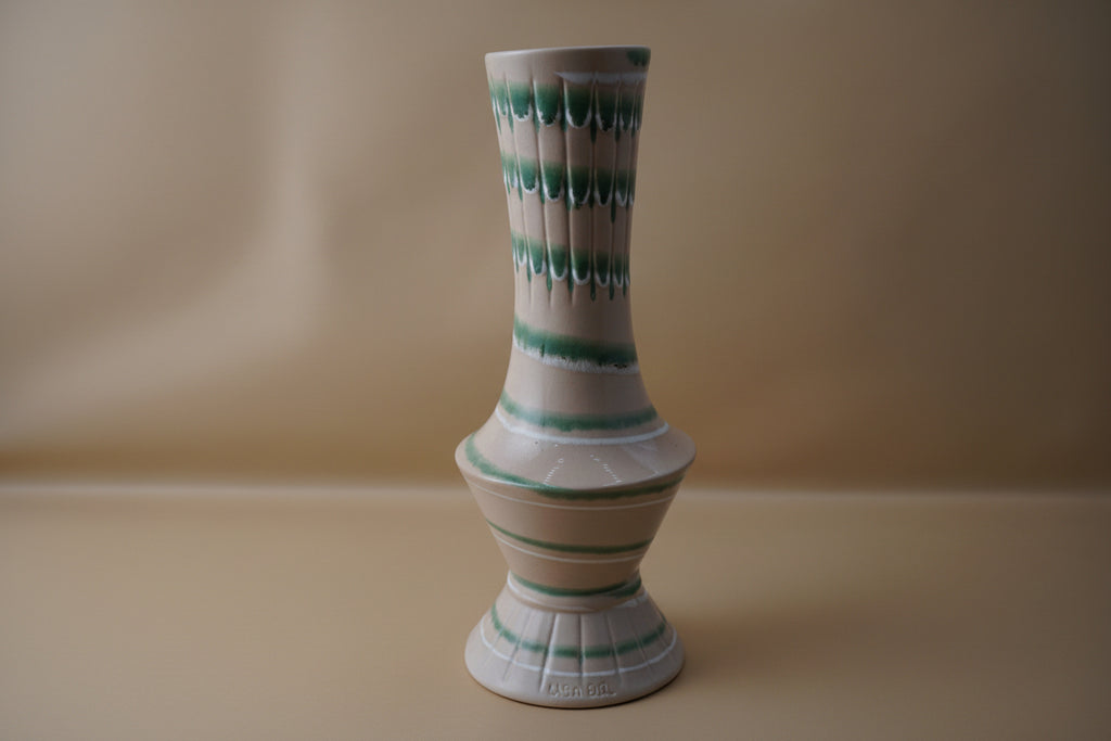 Mid Century Studio Vase Ribbed Tan Body with Green Cascade Glaze
