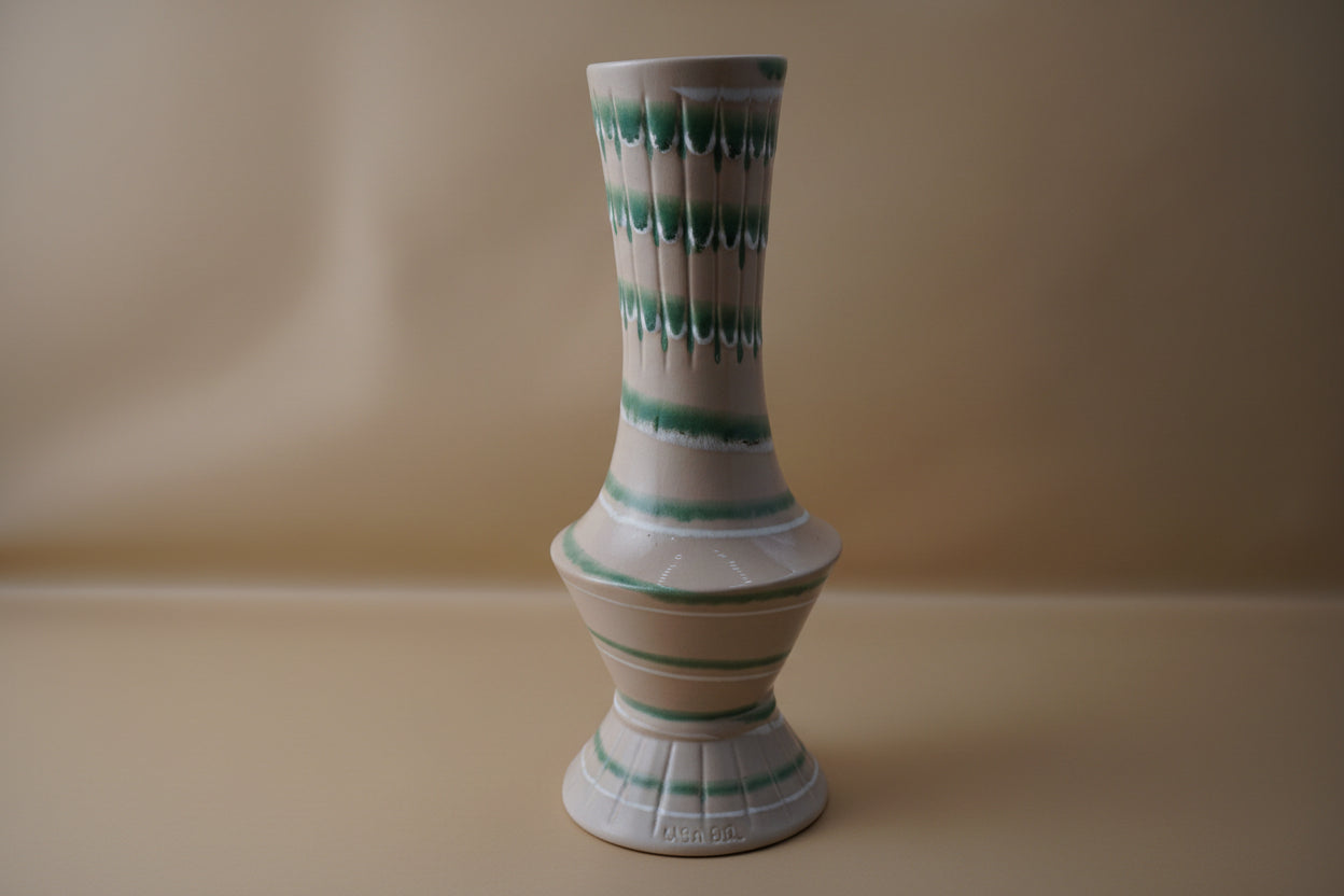 Mid Century Studio Vase Ribbed Tan Body with Green Cascade Glaze
