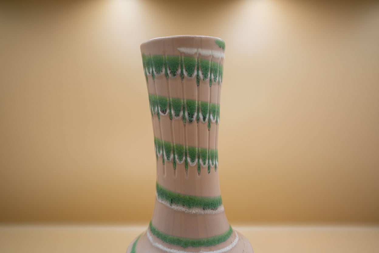 Mid Century Studio Vase Ribbed Tan Body with Green Cascade Glaze