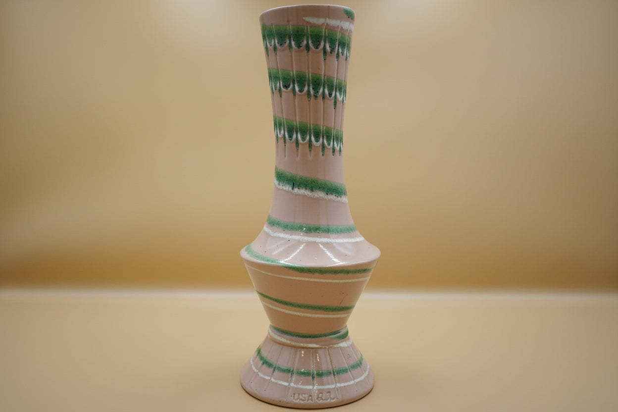 Mid Century Studio Vase Ribbed Tan Body with Green Cascade Glaze