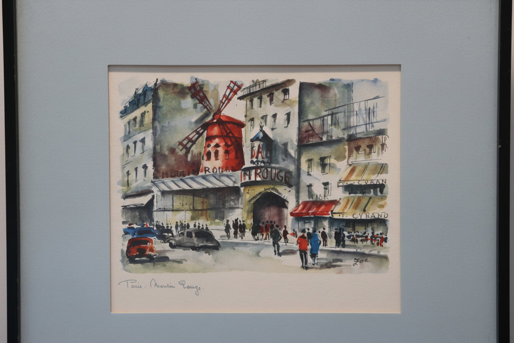 Framed Paris Watercolor Moulin Rouge Street Scene by Zoé