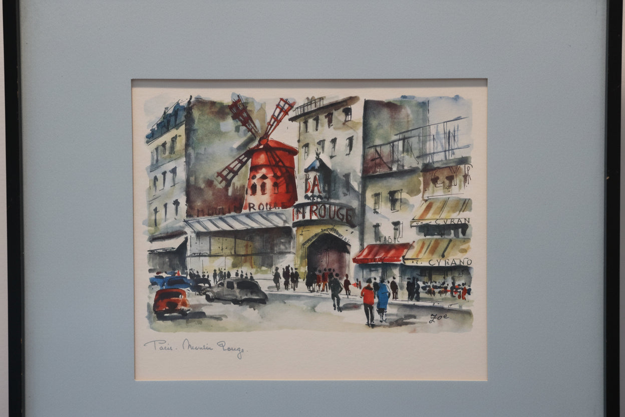 Framed Paris Watercolor Moulin Rouge Street Scene by Zoé