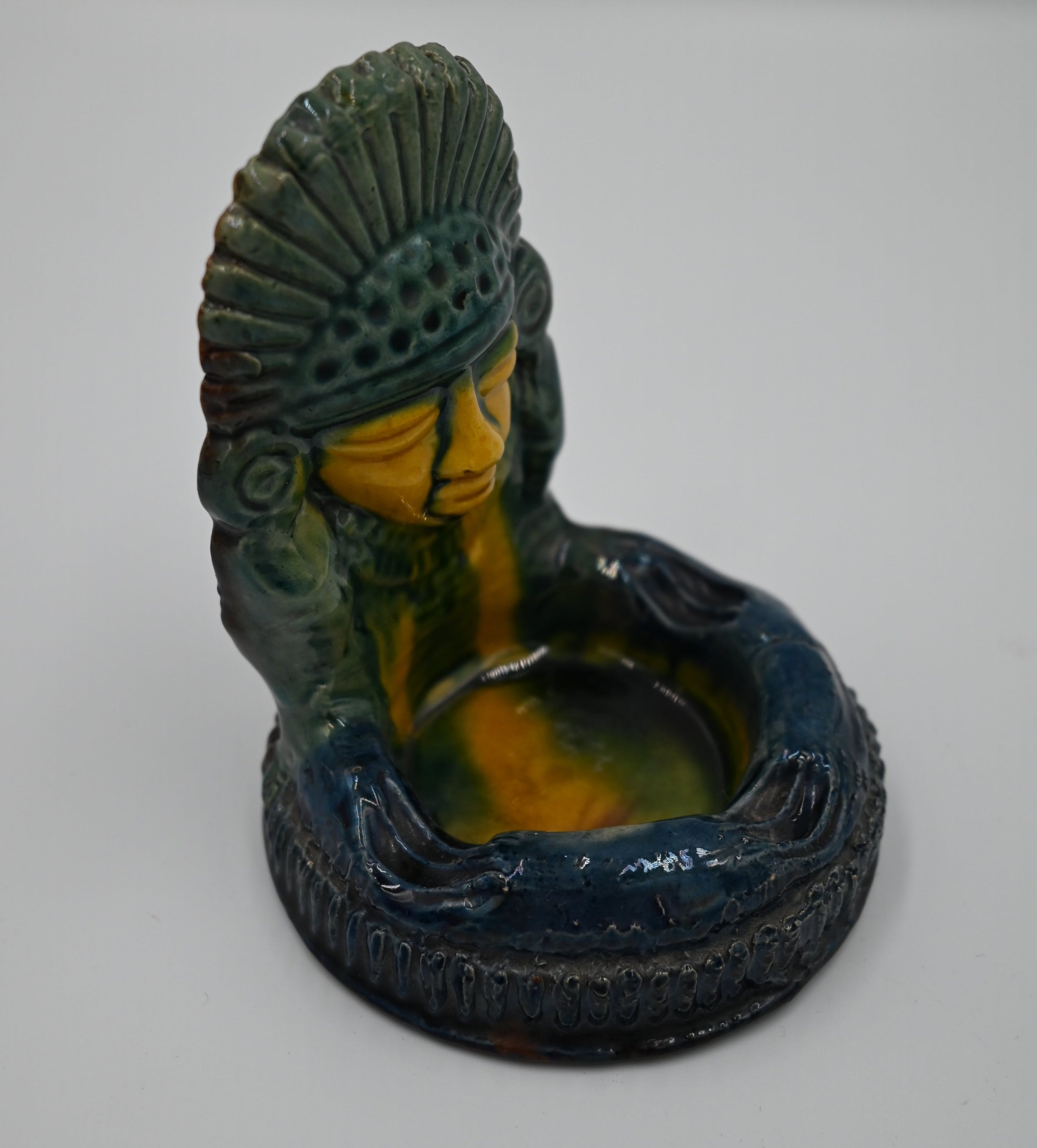Vintage Aztec-Inspired Mini Ceramic Ashtray