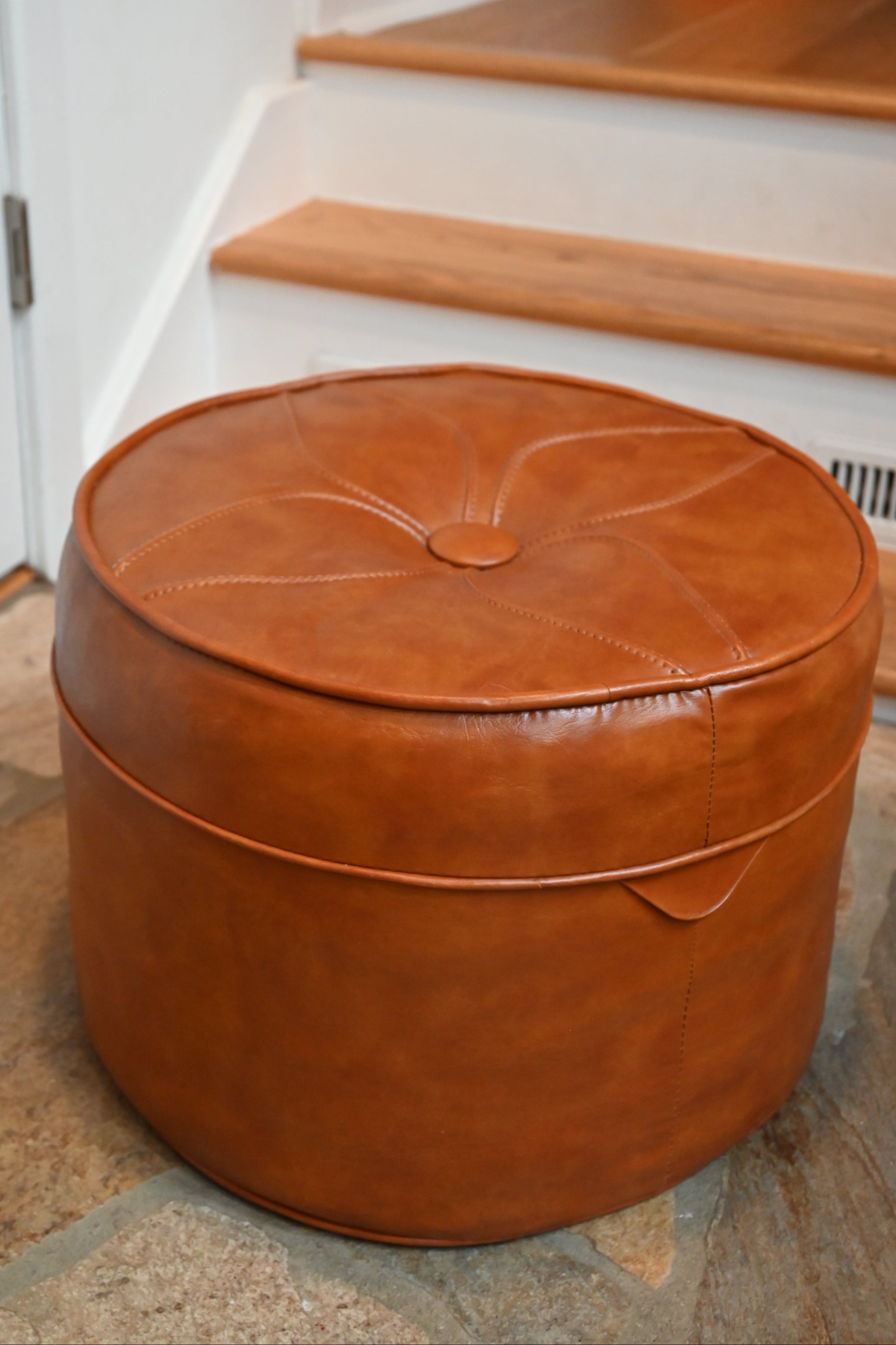 Mid-Century Modern Faux Leather Ottoman Rich Brown Stitchwork