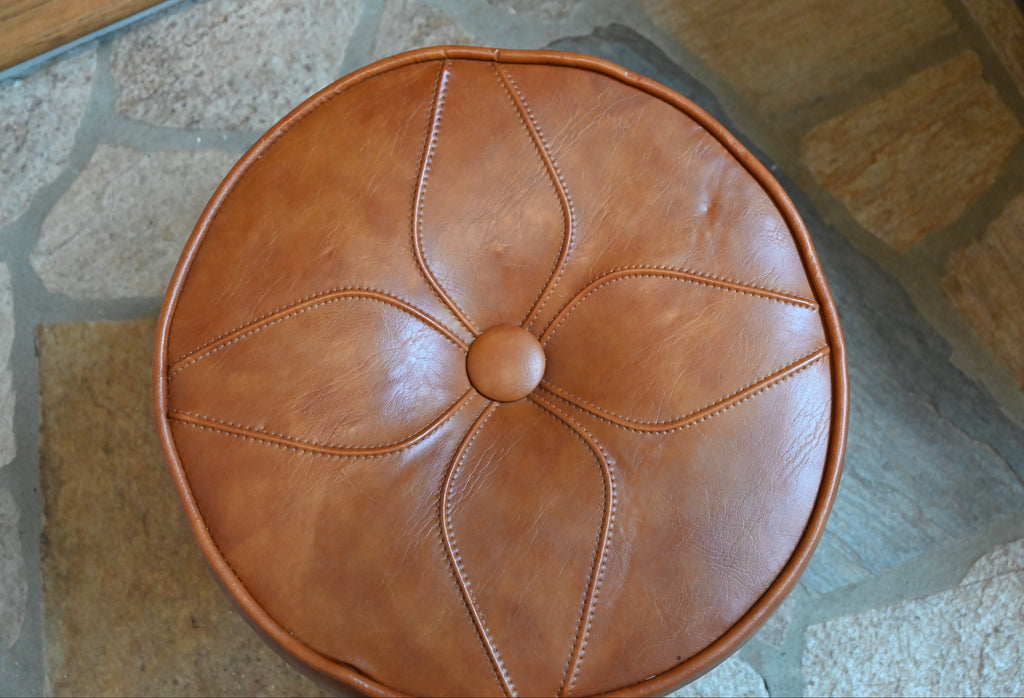Mid-Century Modern Faux Leather Ottoman Rich Brown Stitchwork
