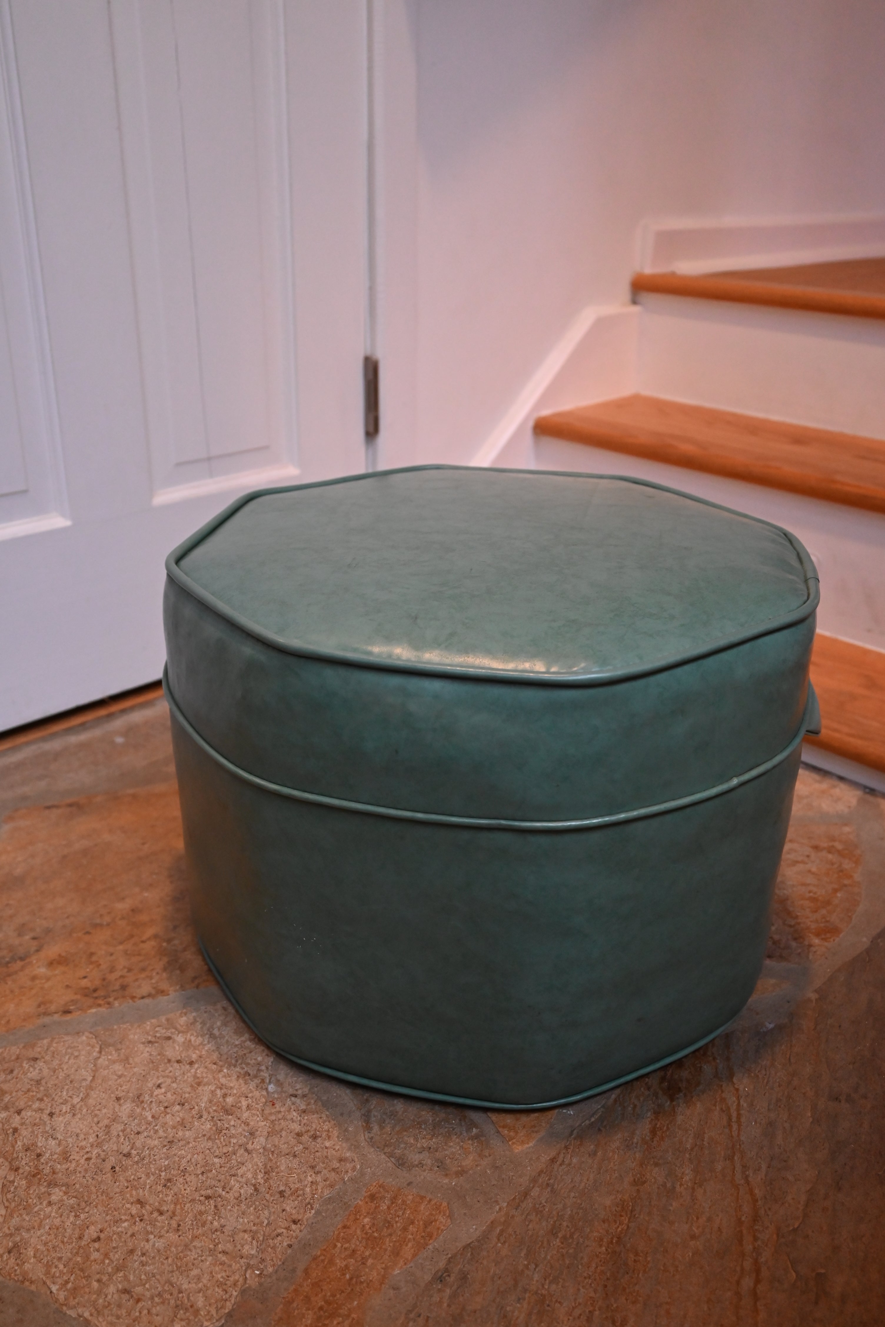 Mid-Century Modern Green Faux Leather Ottoman