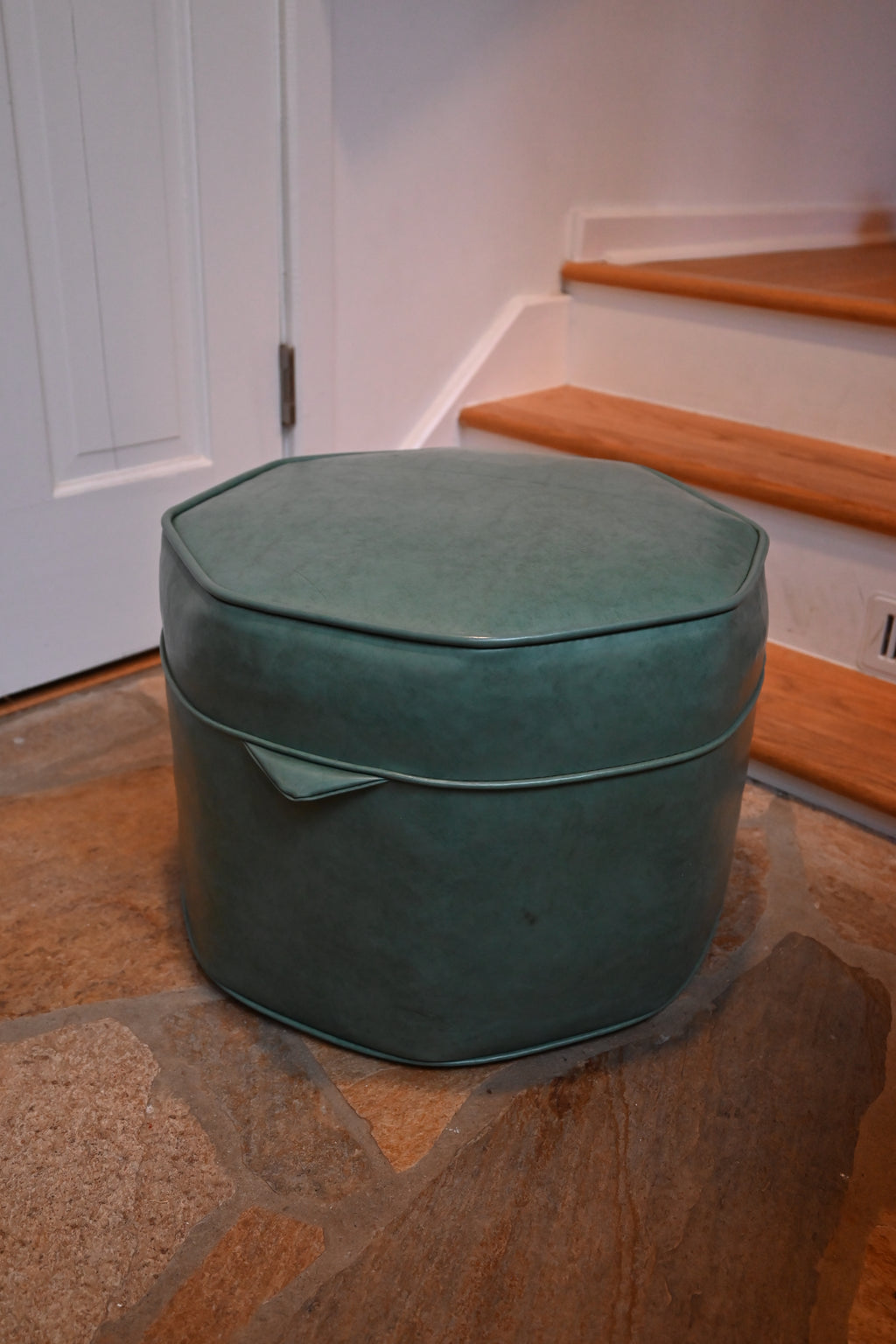 Mid-Century Modern Green Faux Leather Ottoman