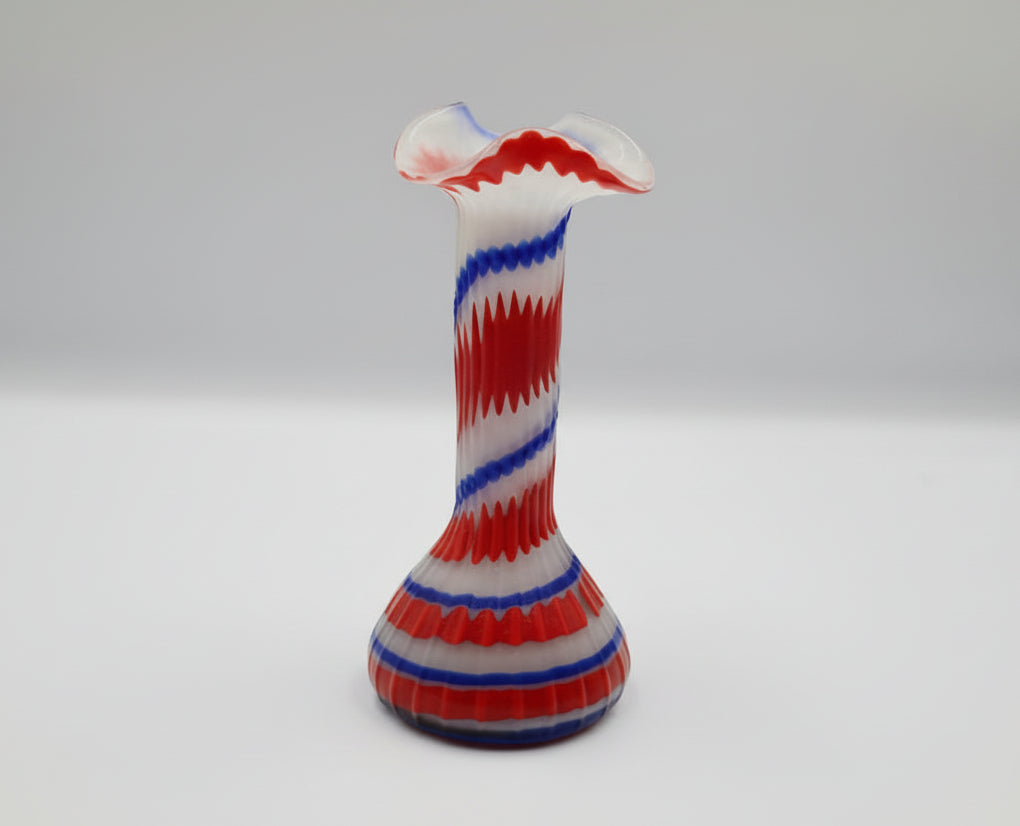 Retro Red & Blue Zigzag Studio Art Glass Vase