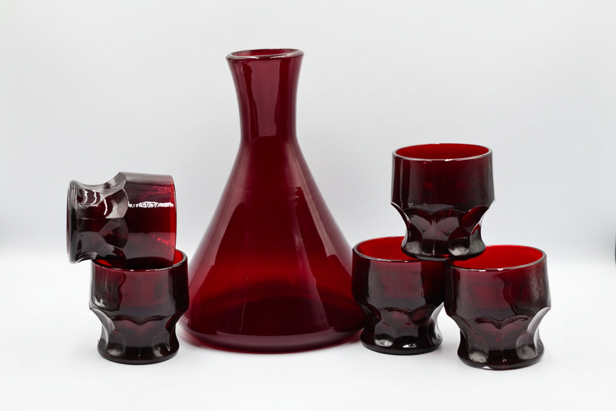 Retro Ruby Red Gem‑Cut Tumblers 5 piece set