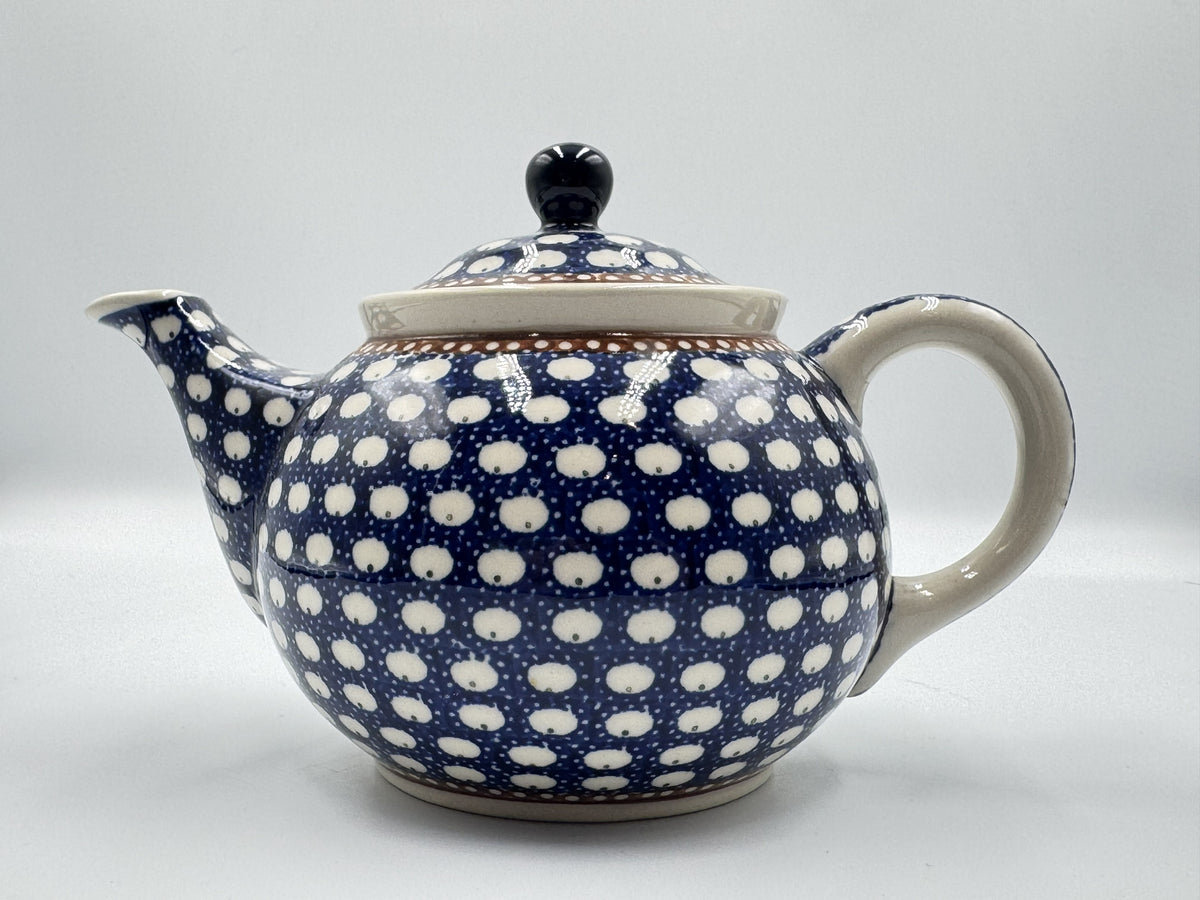 Boleslawiec Polish Pottery Teapot Peacock Polka Dot Blue Cream Pattern