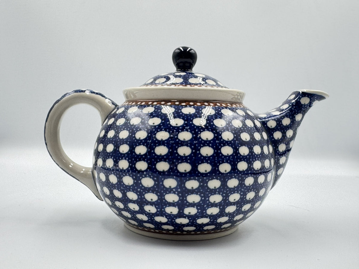 Boleslawiec Polish Pottery Teapot Peacock Polka Dot Blue Cream Pattern