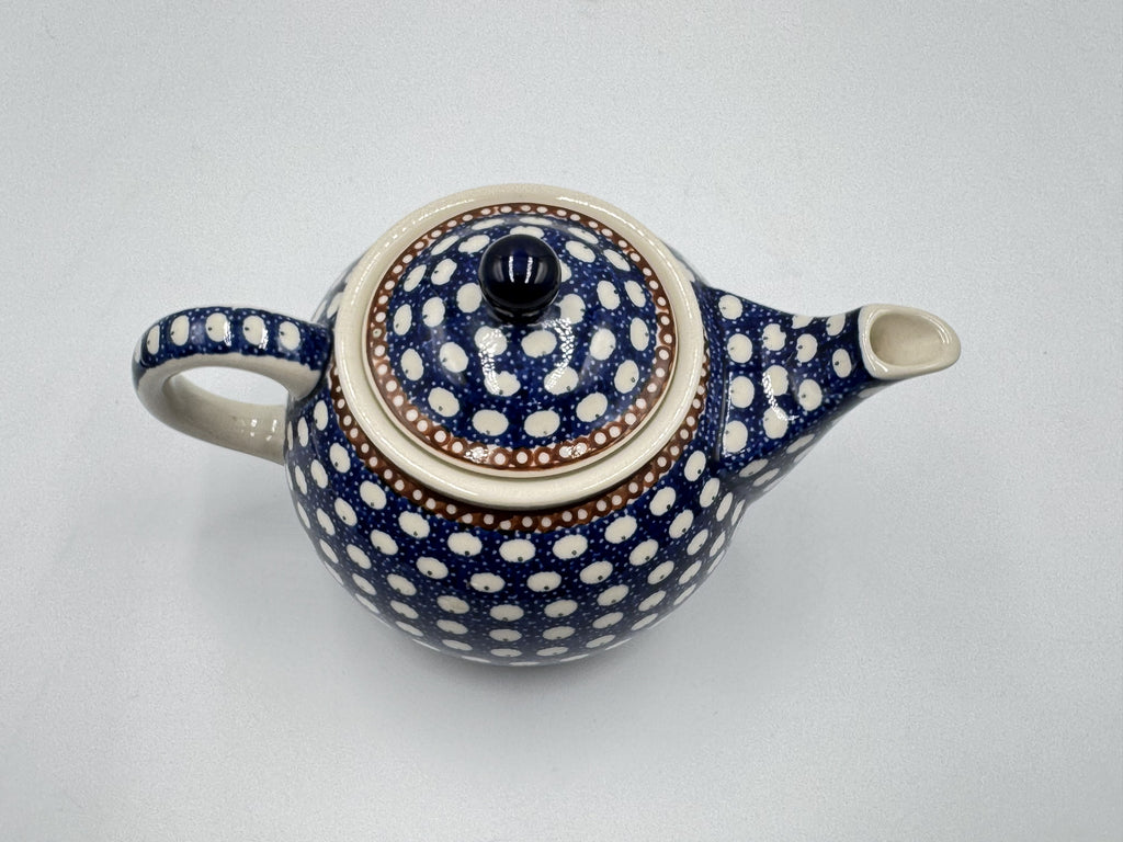 Boleslawiec Polish Pottery Teapot Peacock Polka Dot Blue Cream Pattern