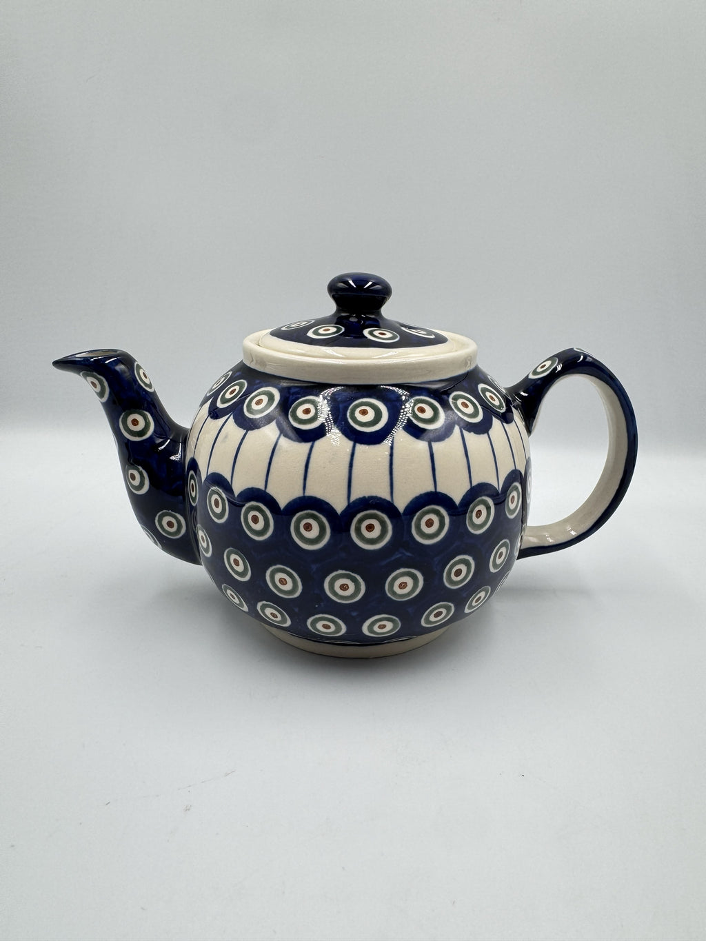 Boleslawiec Polish Pottery Lidded Teapot With Peacock Eye and Draped Stripe Pattern
