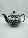 Boleslawiec Polish Pottery Lidded Teapot With Peacock Eye and Draped Stripe Pattern