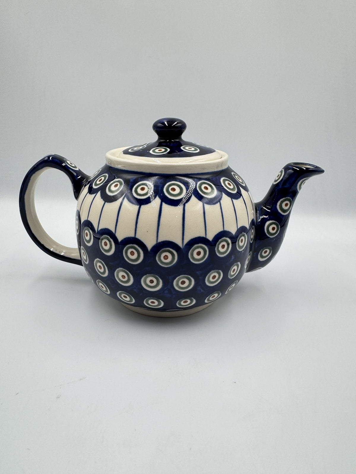 Boleslawiec Polish Pottery Lidded Teapot With Peacock Eye and Draped Stripe Pattern