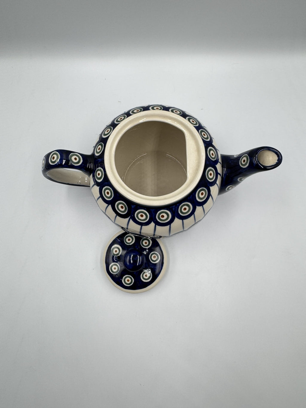 Boleslawiec Polish Pottery Lidded Teapot With Peacock Eye and Draped Stripe Pattern