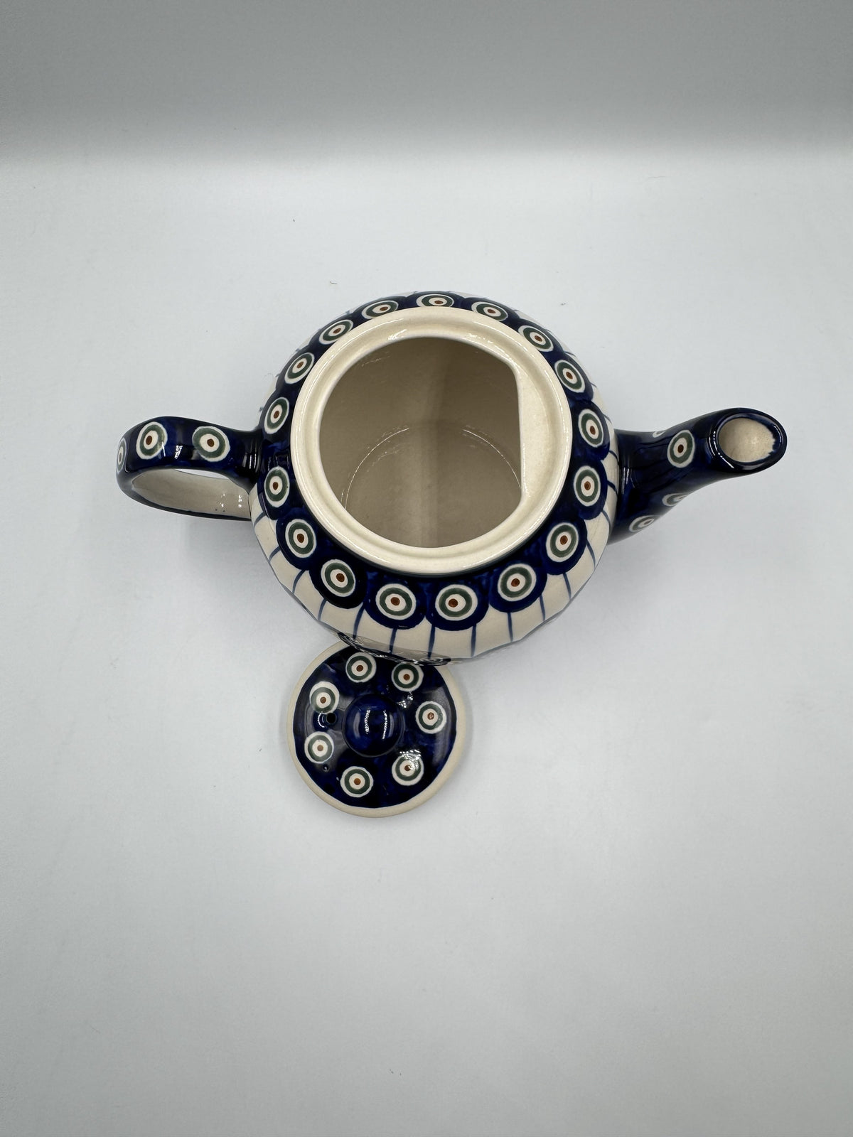 Boleslawiec Polish Pottery Lidded Teapot With Peacock Eye and Draped Stripe Pattern