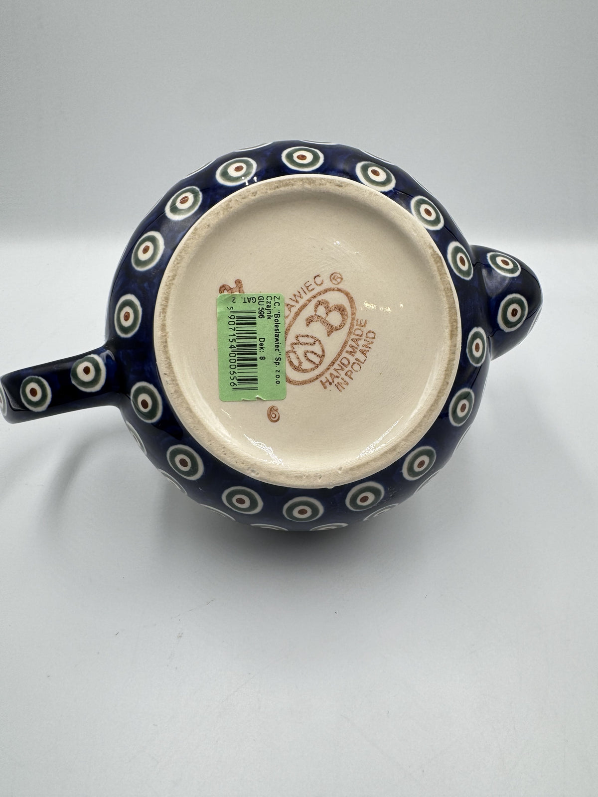 Boleslawiec Polish Pottery Lidded Teapot With Peacock Eye and Draped Stripe Pattern