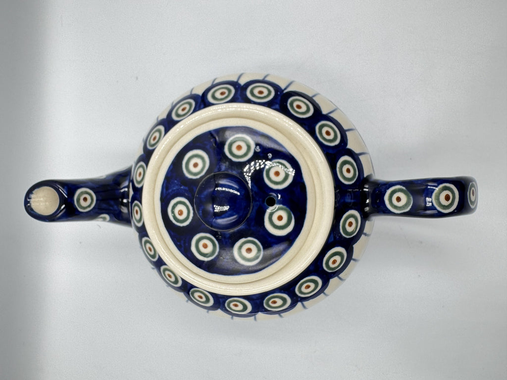 Boleslawiec Polish Pottery Lidded Teapot With Peacock Eye and Draped Stripe Pattern
