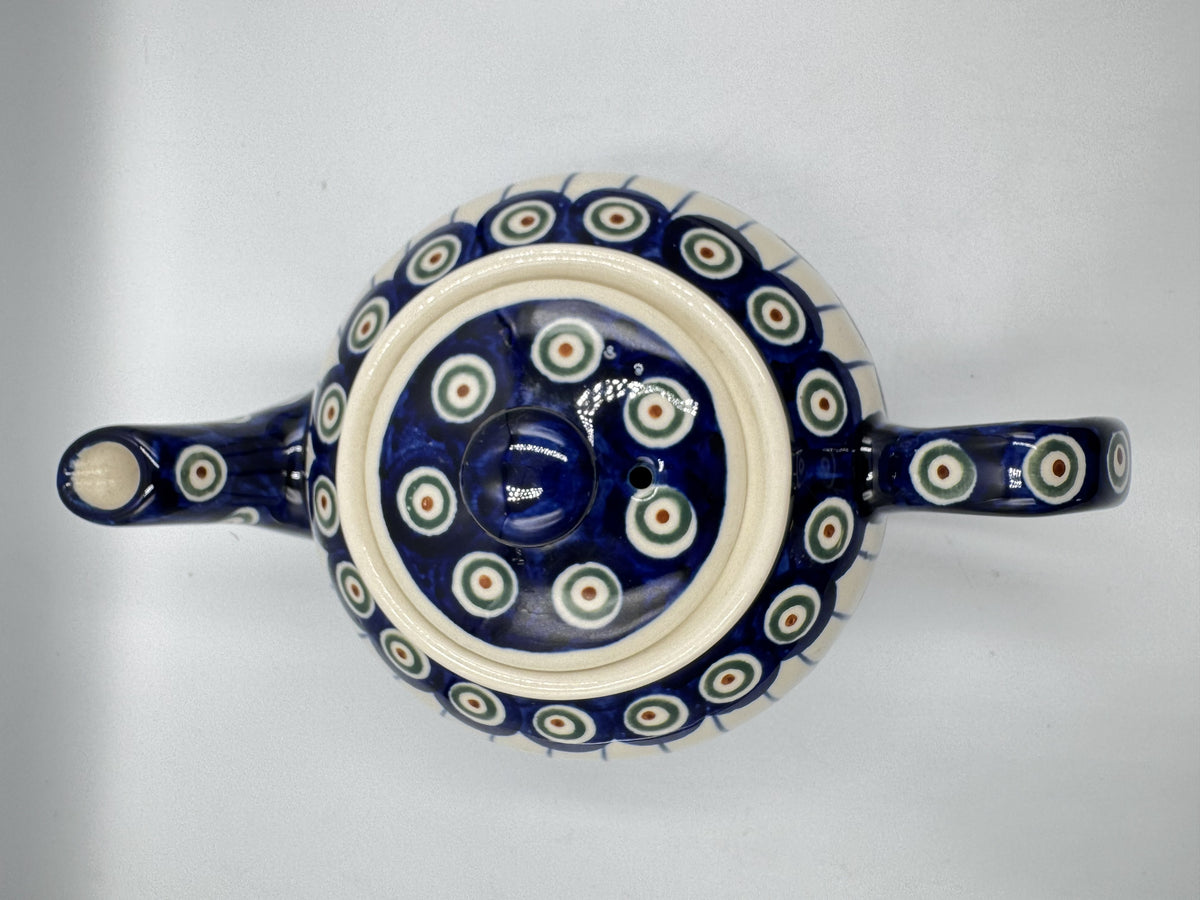 Boleslawiec Polish Pottery Lidded Teapot With Peacock Eye and Draped Stripe Pattern
