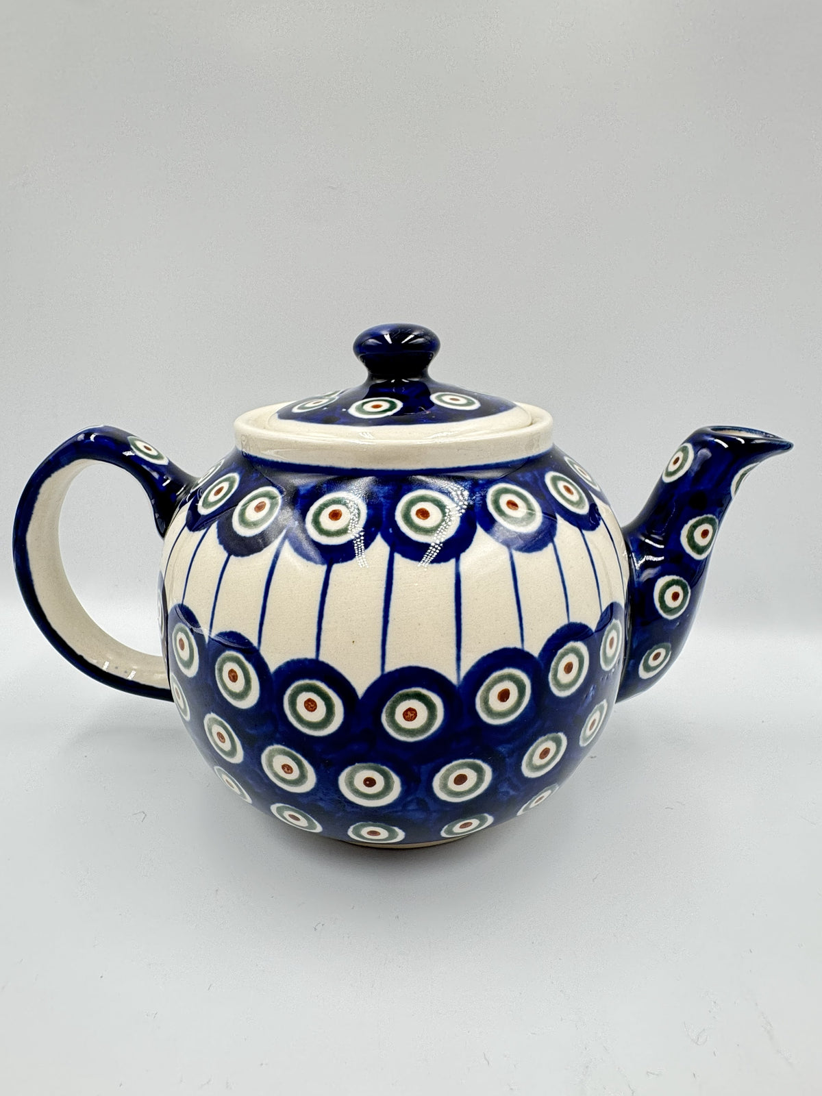 Boleslawiec Polish Pottery Lidded Teapot With Peacock Eye and Draped Stripe Pattern