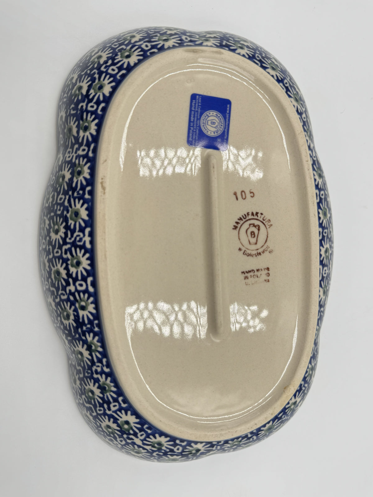 Bolesławiec Polish Pottery Small Scalloped Oval Platter Red Poppy Floral Pattern