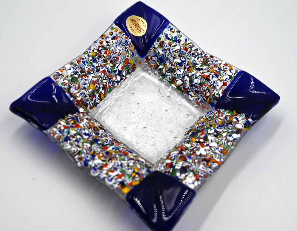 Murano Millefiori Glass Dish Square Art Tray with Bold Blue Corners