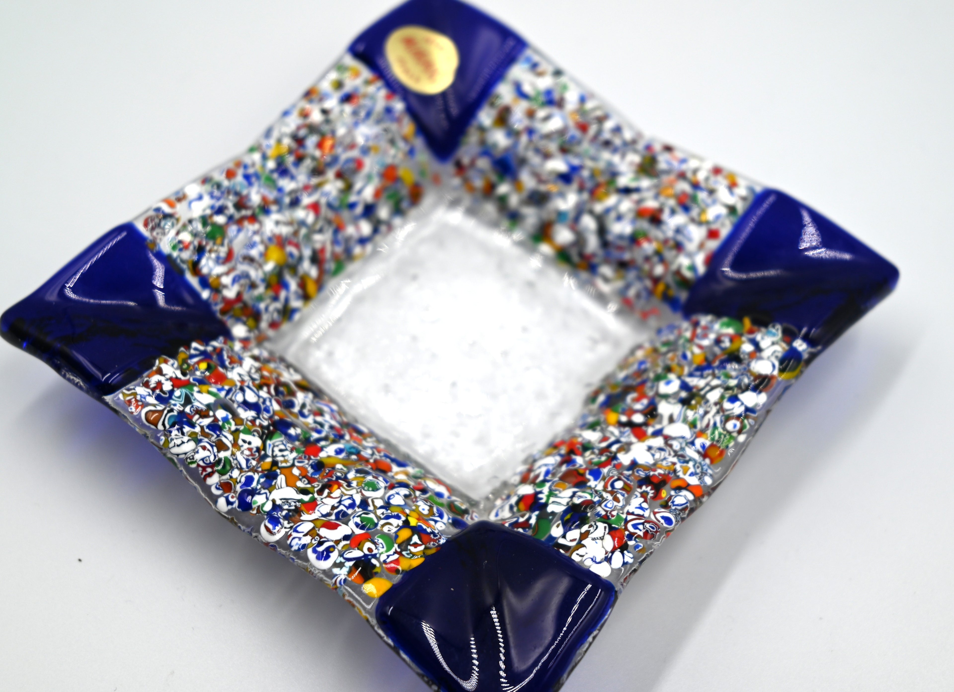 Murano Millefiori Glass Dish Square Art Tray with Bold Blue Corners