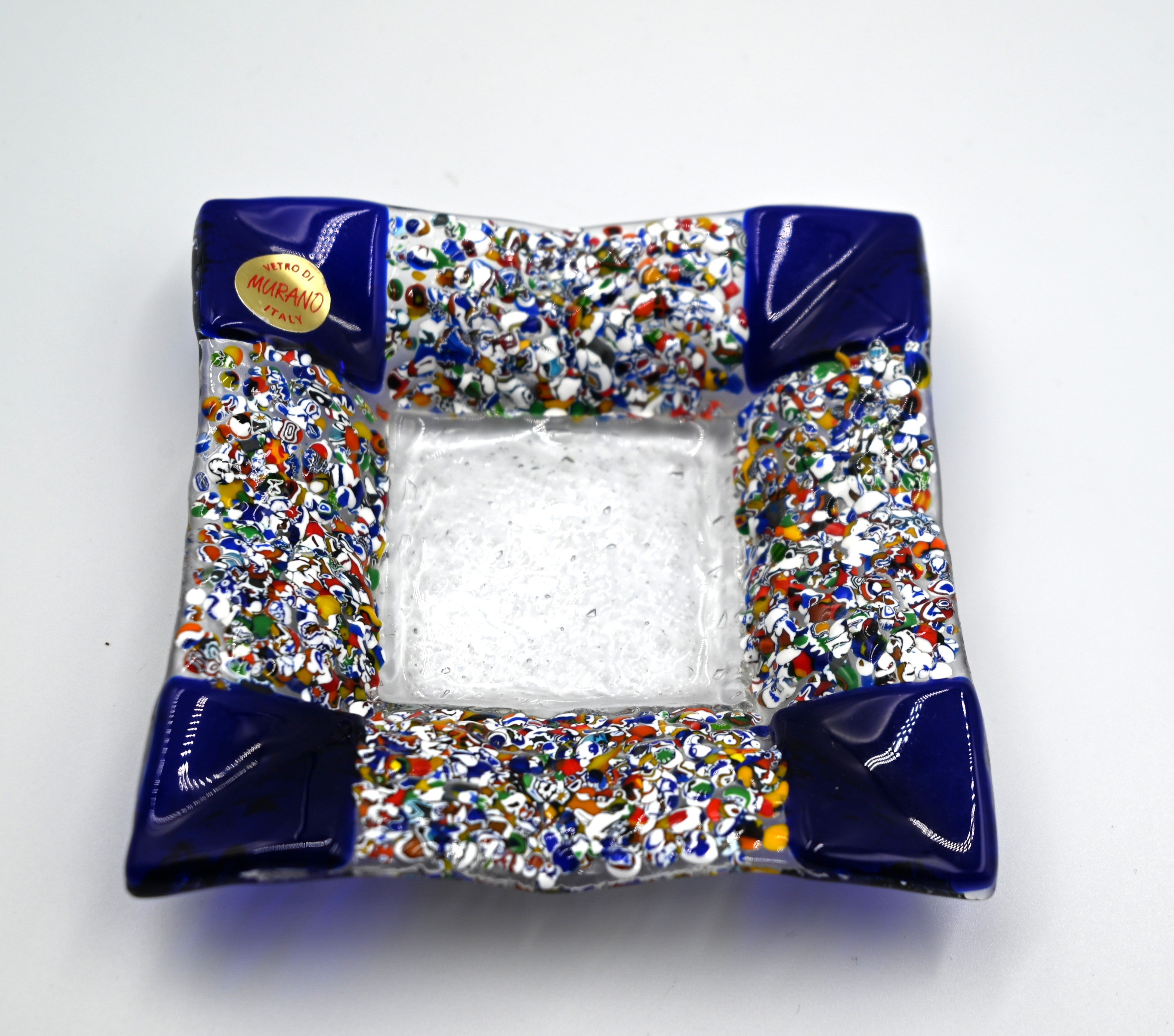 Murano Millefiori Glass Dish Square Art Tray with Bold Blue Corners