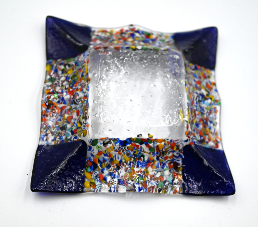 Murano Millefiori Glass Dish Square Art Tray with Bold Blue Corners
